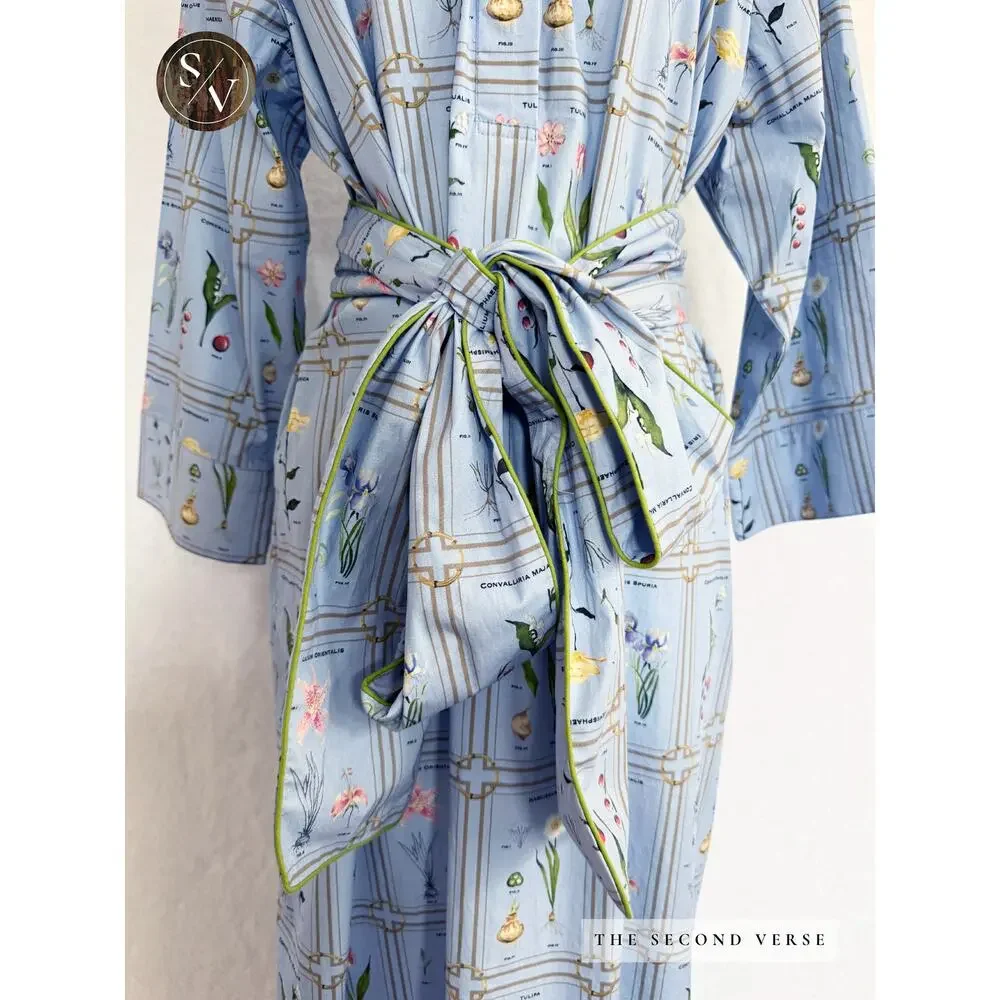Holly Shae Spring Dress, Botanical Library Tie Waist Blue Midi Size M/L - Picture 5 of 12
